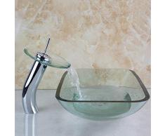 Bad Becken Art Square Waschbecken klar gehärtetes Glas Waschbecken mit Wasserfall Chrom Wasserhahn Set mit Pop-Up Drain