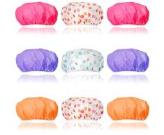 com-four® 9X Duschhaube wasserdicht zum Schutz der Frisur, Flexible Badehaube mit elastischem Gummiband mit verschiedenen Motiven, Ø 25 cm (09 Stück - bunt)