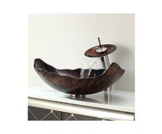 HomeLava Waschbecken Blatt Form Rund Glas Aufsatz Waschschale mit Wasserfall Wasserhahn Set