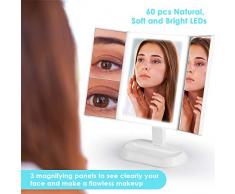Auxmir Kosmetikspiegel mit LED Licht, 3 Lichtfarben und 5X/ 7X-Vergrößerungsspiegel, Schminkspiegel Beleuchtet mit Dimmbarer Helligkeit und Touchschalter für Schminken & Rasieren, Weiß