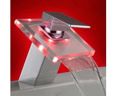 Eaxus LED RGB Wasserfall Glas Armatur Waschbecken Bad Chrom Wasserhahn Waschtisch Einhebelmischer Waschtischarmatur Einhandmischer Badarmatur Waschbeckenarmatur