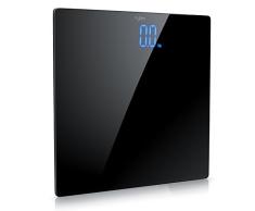 CSL-Computer Digitale Körperwaage - Badezimmer Waage aus Glas - Personenwaage - Digitalwaage Körperwaage - Kg lb st - Max. 150kg - 4X DMS Mess-Sensoren - Blaues 3,5 Zoll 8,9cm LED-Display - schwarz