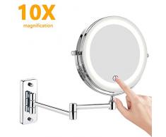 Kosmetikspiegel LED Beleuchtet, 1x/10x Wandmontage doppelseite Vergrößerung Schminkspiegel, 360° Schwenkbar Faltbar Rasierspiegel, Metall Verchromt für Badezimmer, Kosmetikstudio, Spa und Hotel