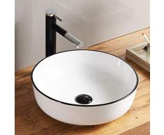 HomeLava Runde Keramik Aufsatzwaschbecken Weiß Körper Schwarz Randstreifen mit Ventil Ablauf Bad Gäste WC(ohne Wasserhahn)