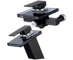 Set Glas Wasserfall Einhebelmischer Wannenarmatur & Wasserhahn Waschtisch schwarz Armatur Badewanne Waschbecken Einhebel Mischbatterie Bad Wasserhahn