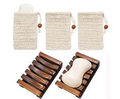 Chefic 2 Stück Seifenschale Holz Dusche mit 3 Stück Seifensäckchen, Handarbeit Seifenhalter Seifenablage aus Holz zu Küche Bad, Sisal Seifensäcke Seifenbeutel mit Kordel für Gesicht Körper - 5 Stück