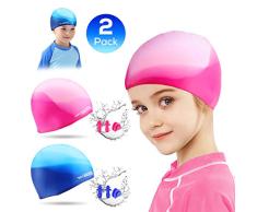 Badekappe Kinder Silikon Wasserdicht für Lange Haare Kurzes Haar Bademütze für Kinder,Jungen und Mädchen,Jugendliche,Elastisch Rutschfest Hypoallergene Badehaube Schwimmkappe,2 Farbe,S(7-12 alt)