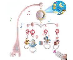 Baby Mobile für Babybetten mit Musik, Crib Mobile mit Nachtlicht und Projektor, Fernbedienung und Spielzeug zum Packen und Spielen (Rosa)