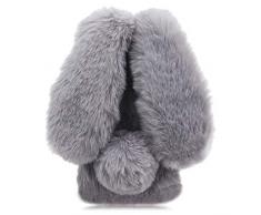 Jorisa Plüsch Hülle Kompatibel mit Samsung Galaxy A50,Niedlich Pelzig Hase Ohren Flauschige Haarball Weich Winter Warm Handyhülle Süße Kaninchen Faux Pelz Glitzer Diamant Schale,Hellgrau