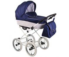 Classico Retro/Nostalgie Kinderwagen - Kombikinderwagen mit Weidenkorb in Weiß, dunkelblau Komplettset de luxe 2 in 1: Kinderwagen + Sportwagenaufsatz + Autositzadapter