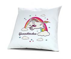 Kopfkissen mit Namen Gummibärchen - Motiv Verrücktes Einhorn, 40 cm, 100% Baumwolle, Kuschelkissen, Liebeskissen, Namenskissen, Geschenkidee