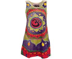 Guru-Shop Mirror Top, Longshirt, Minikleid, Damen, Mandala Om/Beige, Baumwolle, Size:L (40), Bedrucktes Shirt Alternative Bekleidung