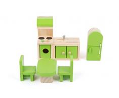 Small Foot 10873 Puppenmöbel aus Holz für die Küche im Puppenhaus, inkl. Kühlschrank, Küchenzeile, Tisch und Stühlen, geeignet für Biegepüppchen, ideales Puppenzubehör für Kinder ab 3 Jahren
