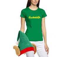 Elfen Kostüm Set Kuschelelfe Damen T-Shirt + Elfenmütze grün-gelb Gr.S