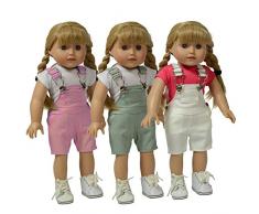 The New York Doll Collection Set mit 3 mehrfarbigen Puppen Köper Overalls - Rosa, Grau und Weiß Overalls - Für Mode Mädchen Puppen - Passt 18 Zoll/46 cm Puppen - Puppenkleidung - Puppenzubehör