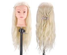 Frisierkopf Echthaar Blond, MYSWEETY 60cm 70% Echthaar Haar Trainingskopf Friseurpraxis Ausbildung Training Puppenkopf für Kinder + Tischklemme + Haarklammer Zubehör