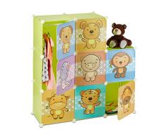 Relaxdays Kinderregal mit Tiermotiv, Kunststoff Steckregal m. Türen, Kinderzimmer Kleiderschrank m. Kleiderstange, bunt
