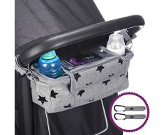 BTR Kinderwagen Organizer, Buggy Organizer mit wasserfestem Regenschutz & 2 Kinderwagen Clips. Grau - Schwarze Sterne