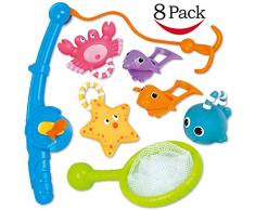 YeoNational Badespielzeug, Angel Schwimm Spritz Spielzeug und Wasserkelle mit Aufbewahrungstasche (8 Stück), Spielzeuge Fisch Netz Spiel für Badewanne, Kinder Baby Jungen Mädchen, Badewanne Kelle