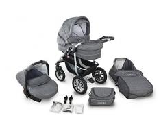 Clamaro CORAL 2018 Kinderwagen 3 in 1 Kombi System (24 Farben wählbar) mit Babywanne Gruppe 0+ (0-13 kg), Sport Buggy und Auto Babyschale Aufsatz (ISOFIX), Alu-Stahl Gestell mit Luftreifen und einstellbarer Fahwerk Federung,
