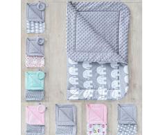 LOOLAY® Zweiseitige warm Babydecke solo/oder mit Bärchen KISSEN Decke 80 x 100 cm 100% Baumwolle/MINKY Kinderwagendecke Krabbeldecke Kuscheldecke (Elefant grau/MINKY grau)