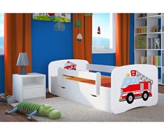 Kocot Kids Kinderbett Jugendbett 70x140 80x160 80x180 Weiß mit Rausfallschutz Matratze Schublade und Lattenrost Kinderbetten für Mädchen und Junge - Feuerwehr 160 cm