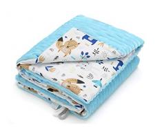 EliMeli Babydecke Kuscheldecke junge Krabbeldecke 75x100 | Ultraweicher Gestreifter Microfaser-Plüsch Stoff aus Baumwolle | Füllung | hoch Qualität | ideal als Kinderwagendecke (Blau - Waldtiere)