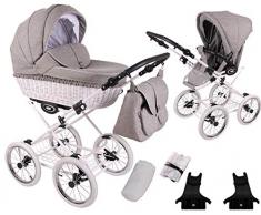 RETRO Deluxe - Ein Luxus, Nostalgie Kinderwagen mit Naturleinen - Kombikinderwagen mit Weidenkorb Komplettset de luxe 2 in 1: Kinderwagen + Sportwagenaufsatz + Autositzadapter