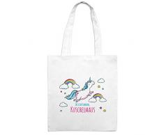 Jutebeutel mit Namen Kuschelmaus - Motiv Dickes Einhorn - Farbe weiß - Stoffbeutel, Jutesack, Hipster, Beutel