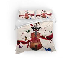 CDH Bettwäsche-Set 3D-Western-Musikinstrument Violine Schmetterling Note Druck Schwarz Beige Bettbezug Polyester, Kindereinzelbett King-Size-Doppelbett,02,King Xl102×90in