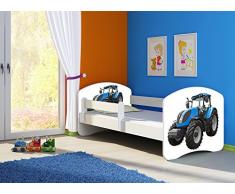 Clamaro Fantasia Weiß Motiv Kinderbett Komplett Set 160 x 80 cm inkl. Matratze und Lattenrost, Kantenschutzleisten umlaufend, extra Rausfallschutz Seitenteil (verstellbar), Seitenteile: Weiß, Design: 42 Traktor