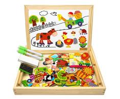 COOLJOY Magnetisches Holzpuzzle mit Doppelseitiger Tafel, Holzspielzeug Puzzles Kinder 3 Jahre, Pädagogische Lernspiel 100 Bunten Teile, Kreativ Geschenk für Kinder (Farmmuster)