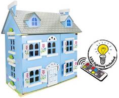 Leomark Alpine Villa Puppenhaus aus Holz mit Möbeln und Familie - Farbe Blue - Familienhaus mit möbel mit zubehör, für Kinder, Höhe 60 cm + LED-Beleuchtung mit Fernbedienung