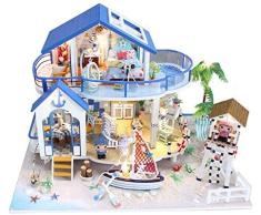 SEESEE.U Stilvolles Holzpuppenhaus Miniatur DIY Haus Kit, 3D zusammengebautes Loft handgemachtes Haus, Mini-Kabine mit LED-Lichtern, Weihnachten