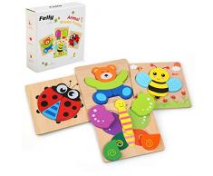 Felly Holzspielzeug ab 1 2 3 Jahren, 4 Stück 3D Kinder Holz Montessori Spielzeug Steckpuzzle für Jungs Mädchen, Tier Lernspielzeug Puzzle Kleinkind Geburtstag Weihnachten Geschenk für Kinder