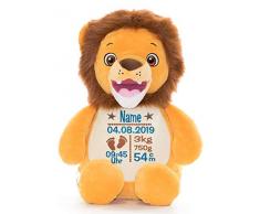 Cubbies Stofftier Teddy Bär, Einhorn, Rentier, Hase, Giraffe, Tiger, Elefant Geschenk mit Namen und Geburtsdatum personalisiert Bestickt 40cm (Löwe)