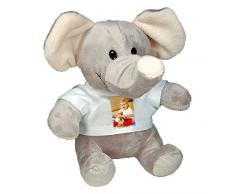 Stofftier Elefant mit persönlichem Foto zum selbst gestalten (kuschliger Grauer Plüsch, weißes T-Shirt mit individuellem Foto Bedruckt, Thermo-Sublimationsdruck, Kuscheltier