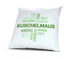 Kopfkissen mit Namen Kuschelmaus - Motiv Positive Eigenschaften Tagcloud Grün, 40 cm, 100% Baumwolle, Kuschelkissen, Liebeskissen, Namenskissen, Geschenkidee