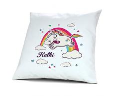 Kopfkissen mit Namen Kathi - Motiv Verrücktes Einhorn, 40 cm, 100% Baumwolle, Kuschelkissen, Liebeskissen, Namenskissen, Geschenkidee