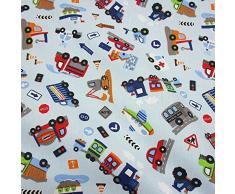 Werthers Stoffe Stoff Baumwollstoff Meterware hellblau Autos Garage Allover Traktor Bagger Fahrzeug