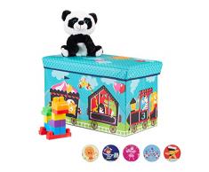 Relaxdays Sitzbox Kinder, Faltbare Aufbewahrungsbox mit Stauraum, Deckel, Zirkus Motiv, Jungen & Mädchen, 50 l, türkis, H x B x T: ca. 36 x 60,5 x 30,5 cm