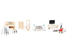 small foot 11414 Puppenhausmöbel Komplett-Set aus Holz, Wohnzimmer, Küche, Schlafzimmer und Badezimmer, ab 3 Jahren
