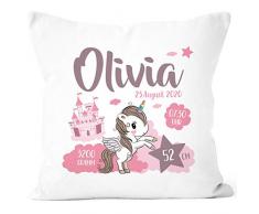 SpecialMe® personalisierbares Kissen zur Geburt Einhorn Geburtskissen mit Name Geschenk Geburt Baby Mädchen weiß 40cm x 40cm