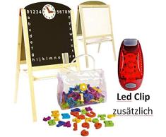 Leomark Standkindertafel Schreibtafel Maltafel Kindertafel Standtafel Holz ZUBEHÖR Magnet-Standtafel Kreidetafel Magnetisch 104 Teile Zweiseitige Tafel mit LED Sicherheitslicht Clip