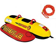 MESLE Skibob Set Torpedo, incl. Zugleine, 2 Personen Fun-Tube, Towable-Tube, rot gelb, incl. Reparaturset, aufblasbar, Bananen-Boot für Kinder & Erwachsene, Speed-Wassergleiter, 840 D Nylon