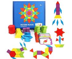 BYBOT 155 Stücke Holzmuster Blöcke Set Geometrische Form Puzzle Kindergarten Klassische Pädagogische Montessori Tangram Spielzeug mit 24 Stücke Design Karten