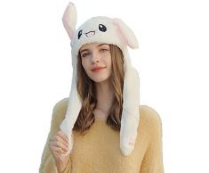 Bunny Mütze Kaninchen Ohren Hut Kneifen Spielzeug Airbag Beweglich Hutes Plüsch Geschenk für Frauen und Kinder (Weiß mit LED)