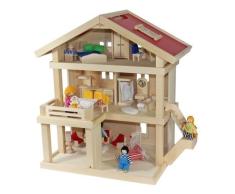 Freda Villa Puppenhaus + Puppenfamilie + Hussen + Puppenhausmöbel 26teilig + Babywiege aus Holz 3 Etagen