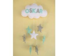 Handgemacht Filz Wolke Baby Mobile Mit oder ohne Namen Kinderzimmer Dekor grau mint grün Sterne