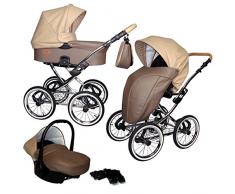 CLASSICO Deluxe - Ein Luxus Nostalgie Kinderwagen 3 in 1 Retro Komplettset inkl. Babyschale, Babywanne, Sportwagen und Zubehör 05 BEIGE + BROWN